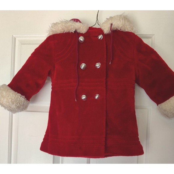 Vintage 70s Sears Coat Hooded Girls Red Christmas 2T Gold Buttons 1970s Hooded - Picture 3 of 12